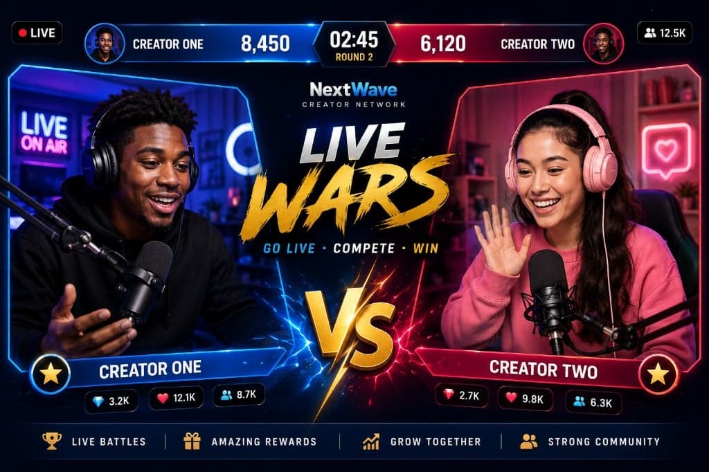 Two creators facing off in a split-screen LIVE Wars PK battle with microphones, scoreboards and a central VS graphic.