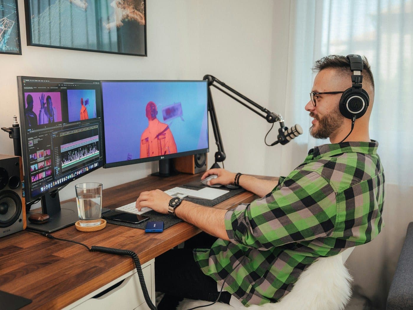 A content creator in a green shirt wearing headphones at a multi-monitor streaming desk with a professional broadcast microphone, studio speakers and editing screens.